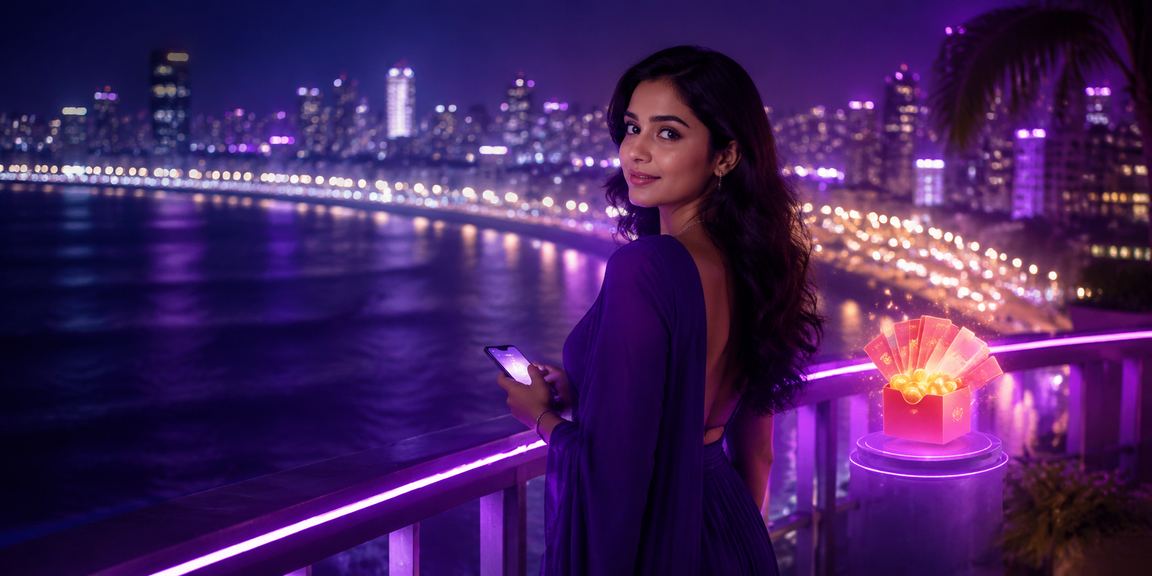 Red envelope bonus promotion neon in Mumbai cityscape